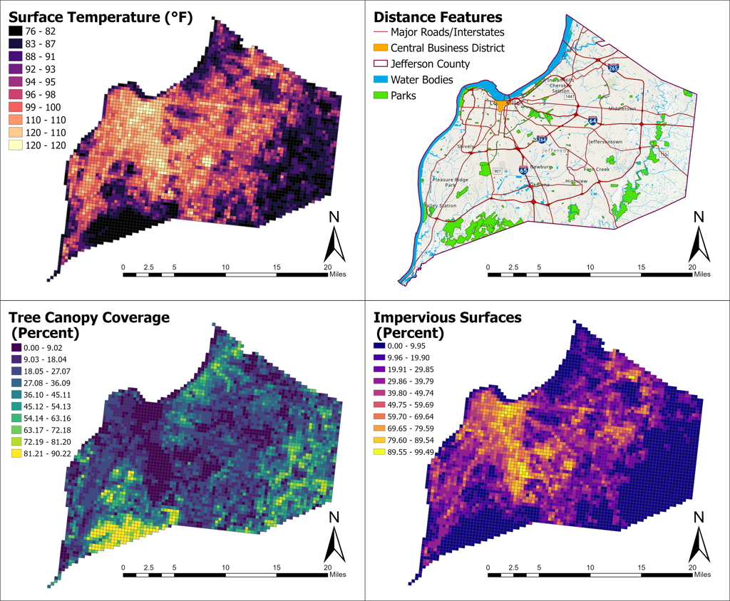 Composite map of surface temperature and urban environmental variables in Louisville