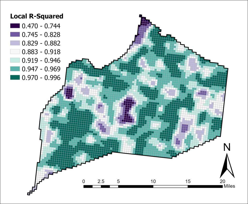 Local R squared map from geographically weighted regression model