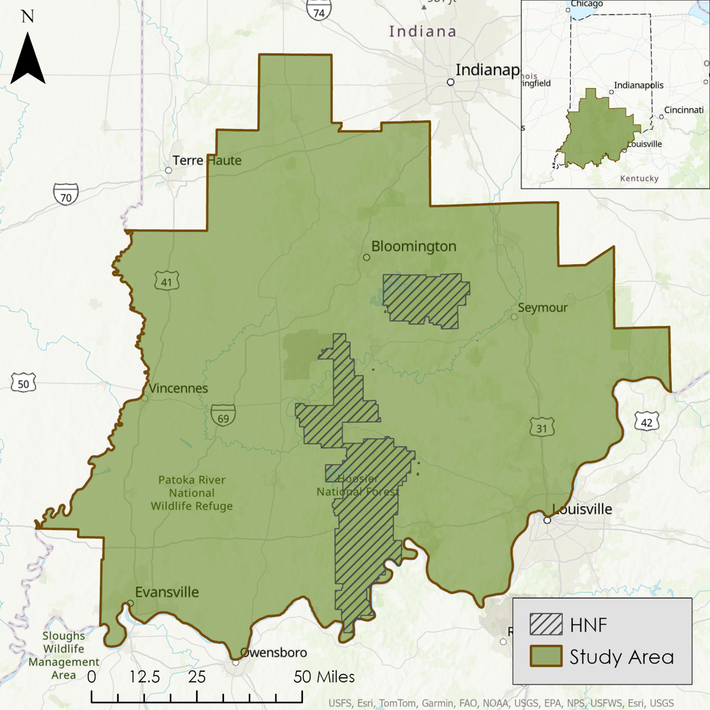 Southern Indiana study area and Hoosier National Forest map