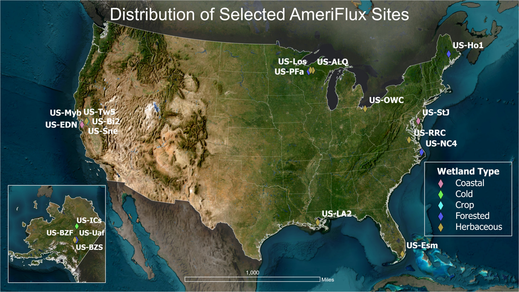 Map of AmeriFlux wetland methane flux study sites